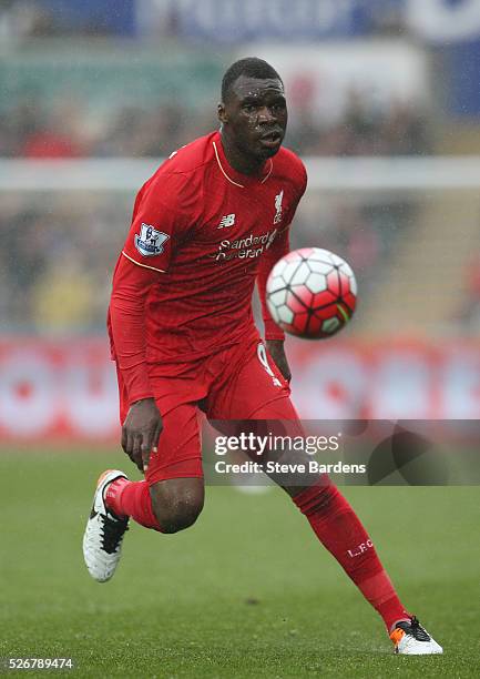 Christian Benteke of Liverpool in action during the Barclays Premier League match between Swansea City and Liverpool at The Liberty Stadium on May 1,...