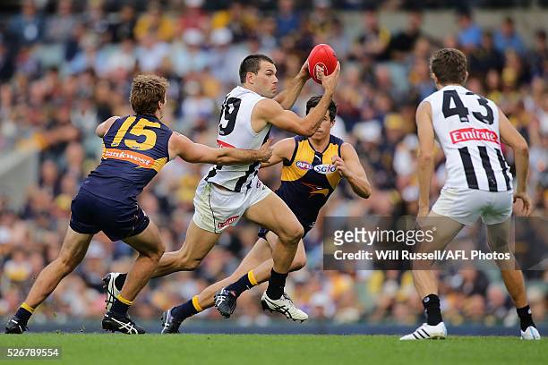 Levi Greenwood of the Magpies controls the ball during the round six AFL match between the West Coast Eagles and the Collingwood Magpies at Domain...