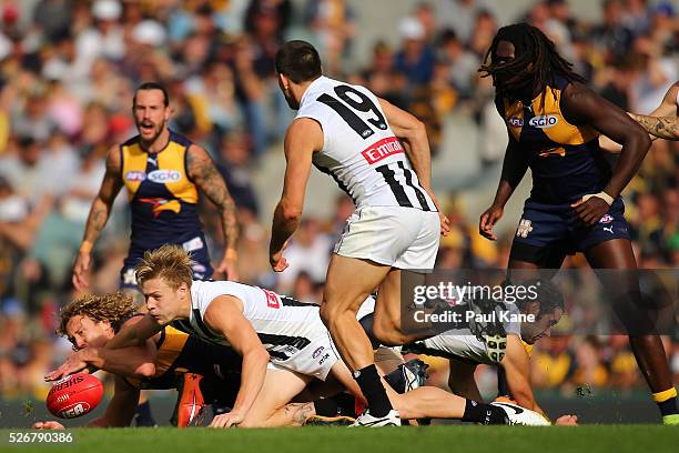 Matt Priddis of the Eagles and Jordan De Goey of the Magpies contest for the ball during the round six AFL match between the West Coast Eagles and...