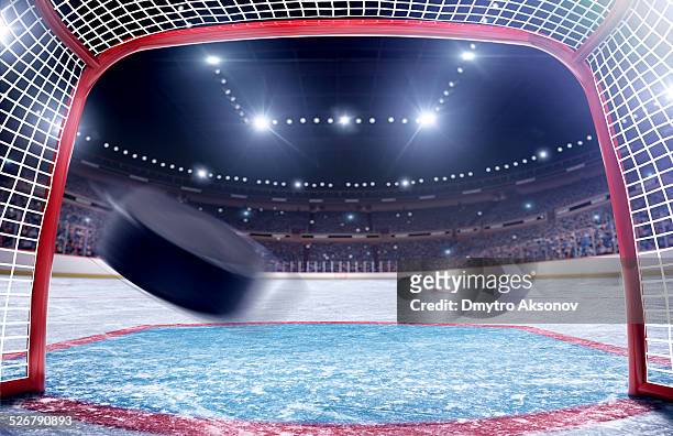 ice hockey goal gate view - hockey puck stock pictures, royalty-free photos & images