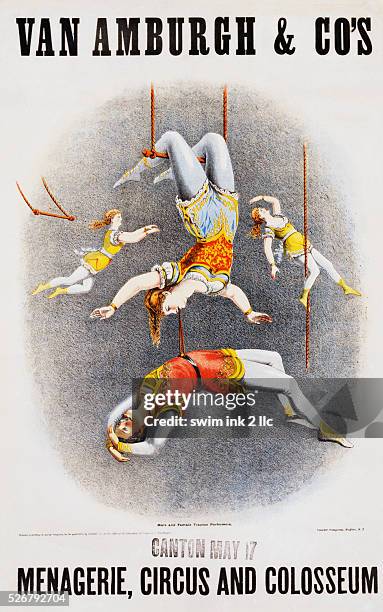 Van Amburgh and Co's Menagerie, Circus and Colosseum Poster with Male and Female Trapeze Artists