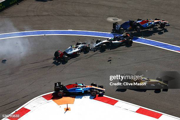 Esteban Gutierrez of Mexico driving the Haas F1 Team Haas-Ferrari VF-16 Ferrari 059/5 turbo and Nico Hulkenberg of Germany driving the Sahara Force...