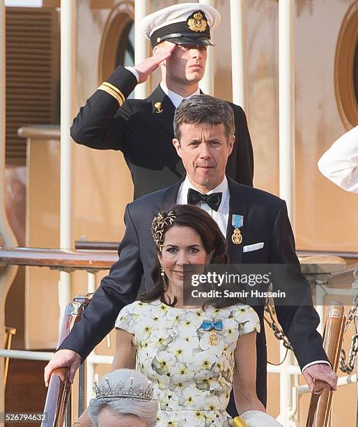 Crown Princess Mary of Denmark and Crown Prince Frederik leave the Danish Royal Yacht, The Dannebrog to attend a banquet to celebrate the 70th...