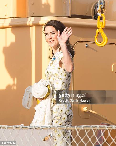 Crown Princess Mary of Denmark leaves the Danish Royal Yacht, The Dannebrog to attend a banquet to celebrate the 70th birthday of King Carl Gustaf of...