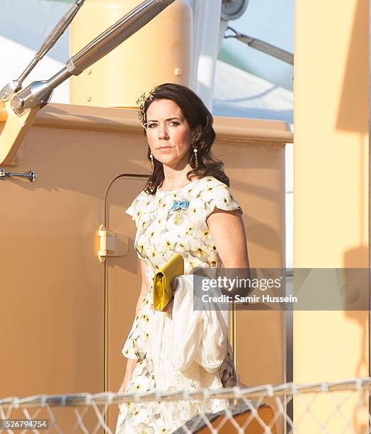 Crown Princess Mary of Denmark leaves the Danish Royal Yacht, The Dannebrog to attend a banquet to celebrate the 70th birthday of King Carl Gustaf of...