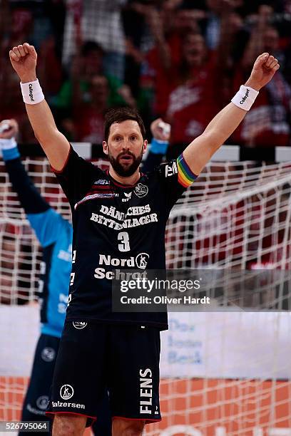 Tobias Karlsson of Flensburg gesticulated during the DKB REWE Final Four Finale 2016 between SG Flensburg Handewitt and SC Magdeburg at Barclaycard...