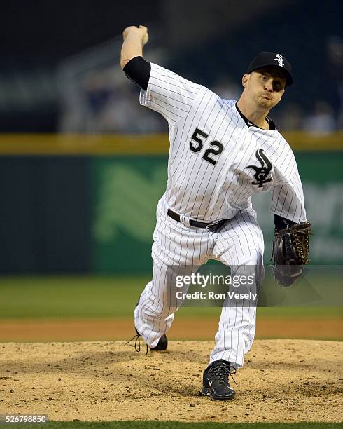 Jake Petricka of the Chicago White Sox pitches against the Los Angeles Angels of Anaheim on April 18, 2016 at U.S. Cellular Field in Chicago,...