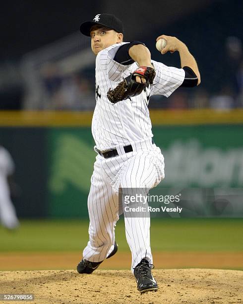 Jake Petricka of the Chicago White Sox pitches against the Los Angeles Angels of Anaheim on April 18, 2016 at U.S. Cellular Field in Chicago,...