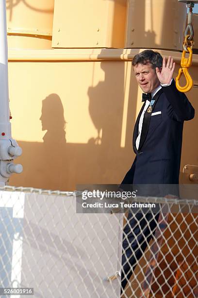 Crown Prince Frederik of Denmark is seen leaving the yacht " Dannebrogen " for the 70th birthday of King Carl Gustaf of on April 30, 2016 in...