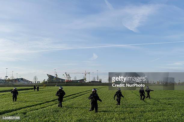 Anti-AFD demonstrators and police forces face near the AfD party's federal congress at the Stuttgart Congress Centre ICS on April 30, 2016 in...