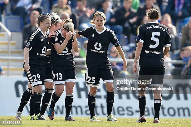 Marith Priessen of 1. FFC Frankfurt celebrates with team mates as she scores the opening goal during the UEFA Women's Champions League Semi Final...