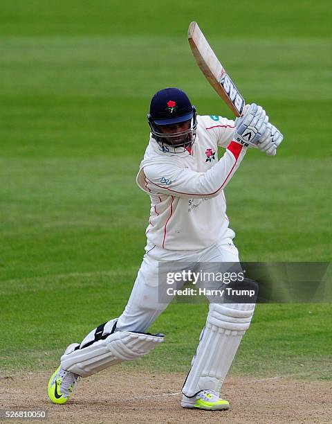 Alviro Petersen of Lancashire drives the ball during Day One of the Specsavers County Championship match between Somerset and Lancashire at the...