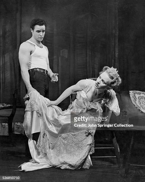 Marlon Brando and Jessica Tandy act in "A Streetcar Named Desire", 1947.