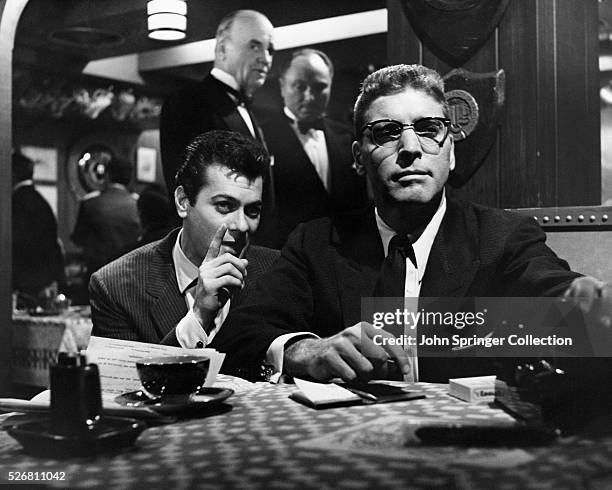 Tony Curtis as publicist Sidney Falco and Burt Lancaster as gossip columnist J.J. Hunsecker in Sweet Smell of Success.