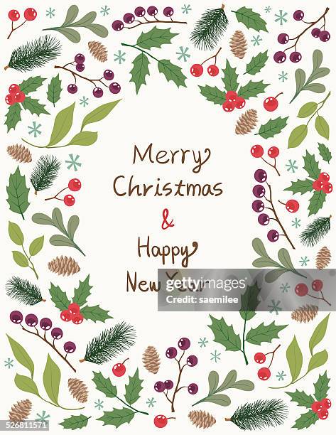 christmas frame with plants - pine wood stock illustrations