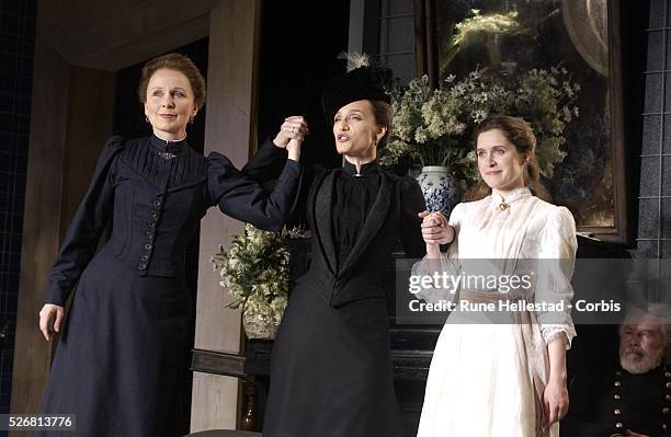 Kate Burton , Kristin Scott-Thomas , and Madeleine Worrall in the new production of Chekhov's "Three Sisters" at the Playhouse Theatre.