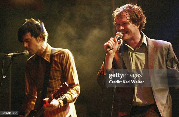 The Colonel and singer Dick Valentine of Electric Six perform at the El Rey Theatre on April 21, 2005 in Los Angeles, California.