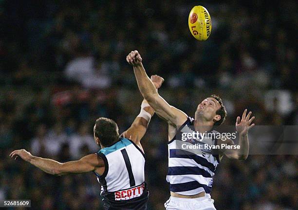 Matthew Primus for the Power contsts the ruck against Brad Ottens for the Cats during the round five AFL match between the Port Adelaide Power and...