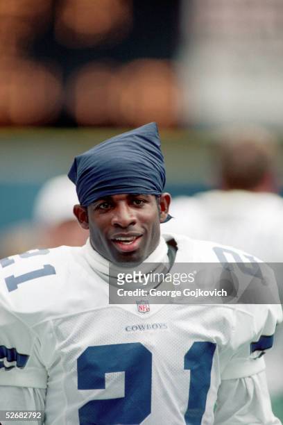 Cornerback Deion Sanders of the Dallas Cowboys on the sideline during a game against the Pittsburgh Steelers at Three Rivers Stadium on August 31,...
