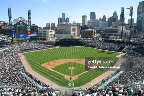 An aerial view of Comerica Park is pictured during the game between the Cleveland Indians and the Detroit Tigers on April 9, 2005 in Detroit,...