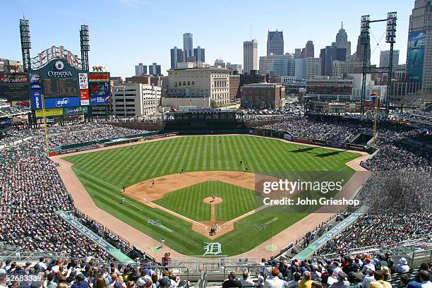 An aerial view of Comerica Park is pictured during the game between the Cleveland Indians and the Detroit Tigers on April 9, 2005 in Detroit,...