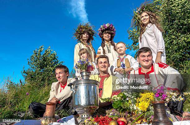 picnic at midsummer day - russian ethnicity stock pictures, royalty-free photos & images