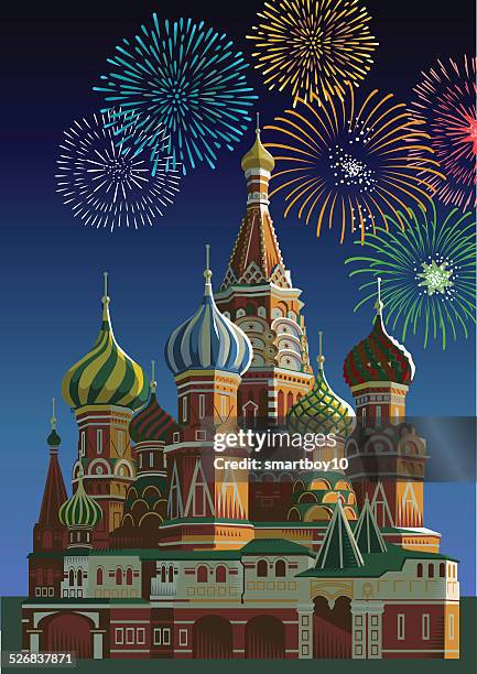 ilustraciones, imágenes clip art, dibujos animados e iconos de stock de saint basil's cathedral con fuegos artificiales-moscú - catedral de san basilio