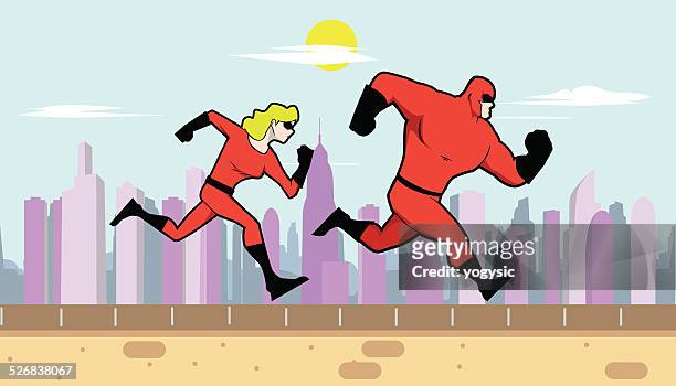 superhero couple running in the city - jogging city stock illustrations