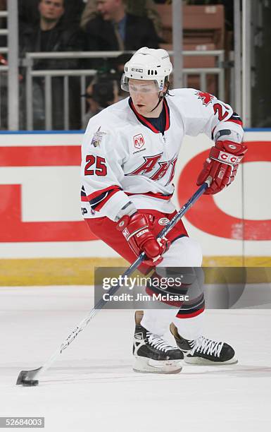 Dennis Wideman of the Canadian All Stars handles the puck against the Planet USA All Stars during the Dodge AHL All Star Classic on February 14, 2005...