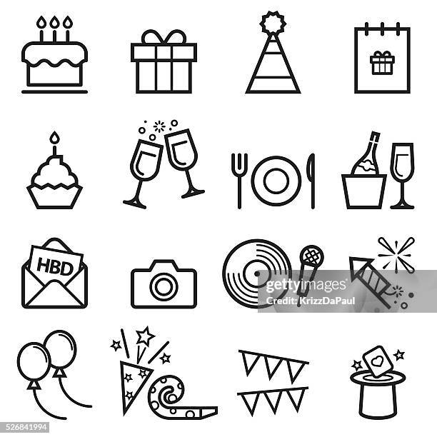 illustrazioni stock, clip art, cartoni animati e icone di tendenza di icone sottile linea di compleanno - cappellino per le feste