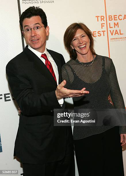 Actor Stephen Colbert and his wife attend the "Great New Wonderful" screening at Stuyvesant High School auditorium April 22, 2005 in New York City.