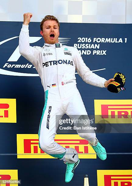 Nico Rosberg of Germany and Mercedes GP celebrates his win on the podium during the Formula One Grand Prix of Russia at Sochi Autodrom on May 1, 2016...