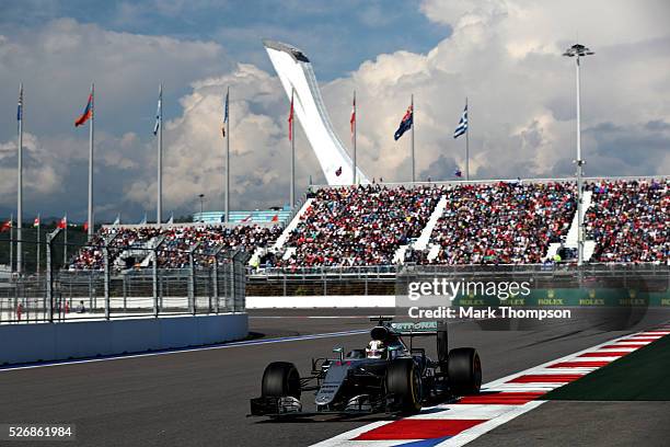 Lewis Hamilton of Great Britain driving the Mercedes AMG Petronas F1 Team Mercedes F1 WO7 Mercedes PU106C Hybrid turbo on track during the Formula...