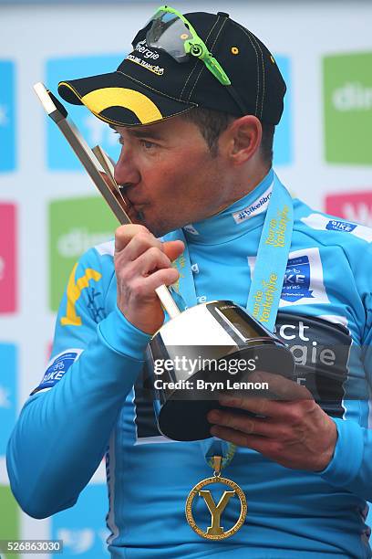 Overall winner Thomas Voeckler of Direct Energie and France celebrates winning the third stage of the 2016 Tour de Yorkshire between Middlesbrough...