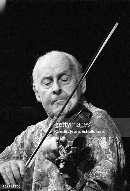 French violin player Stephane Grappelli performs on July 11th 1993 at the North Sea Jazz Festival in the Hague, Netherlands.