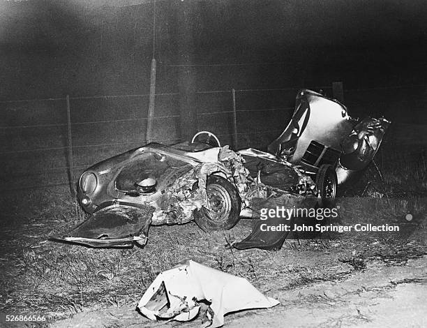 The wrecked remains of James Dean's Porsche 550 Spyder at the site of the accident. The 24-year-old film star was killed on the evening of September...