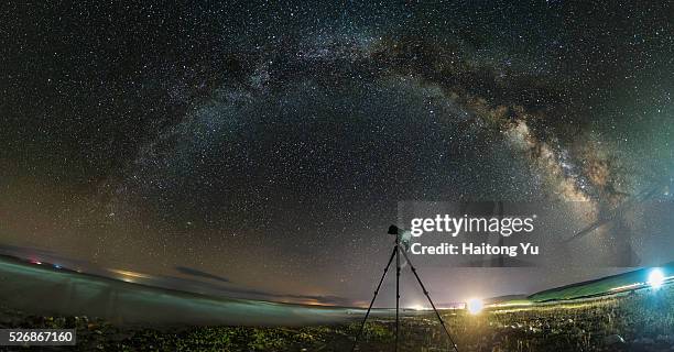 camera and tripod at lakeside under the arch of milky way - sentar se bildbanksfoton och bilder