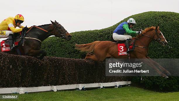 Timmy Murphy and Well Chief lead the Ruby Walsh ridden Azertyuiop over the last fence to land The Betfred Celebration Chase Race run at Sandown...