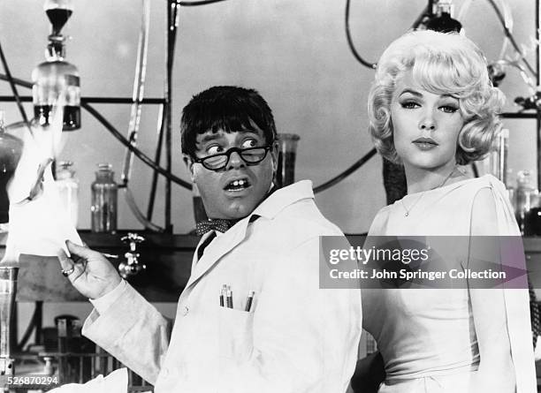 Jerry Lewis as Julius Kelp and Stella Stevens as Stella Purdy in a publicity still for The Nutty Professor.