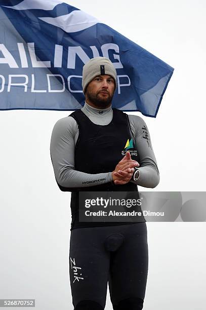 Oliver Tweddell of Australia and J compete in the Laser race boat during the Sailing World Cup on May 1, 2016 in Hyeres, France.