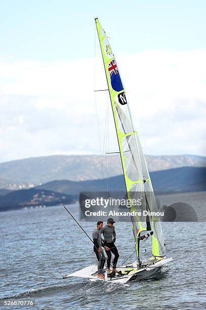 Peter Burling and Blair Tuke of New Zealland in 49er Race Boat during the during the Sailing World Cup on May 1, 2016 in Hyeres, France.