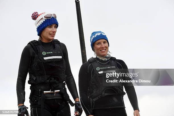 Camille LECOINTRE and Helene Defrance of France compete in the 470 Boat race boat during the Sailing World Cup on May 1, 2016 in Hyeres, France.