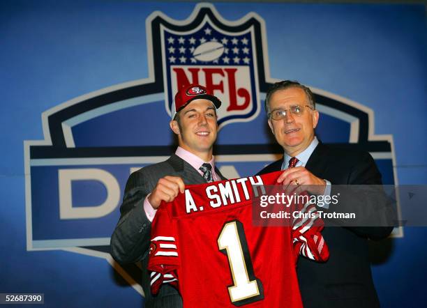 Quarterback Alex Smith poses with NFL Commissioner Paul Tagliabue during the 70th NFL Draft on April 23, 2005 at the Jacob K. Javits Convention...