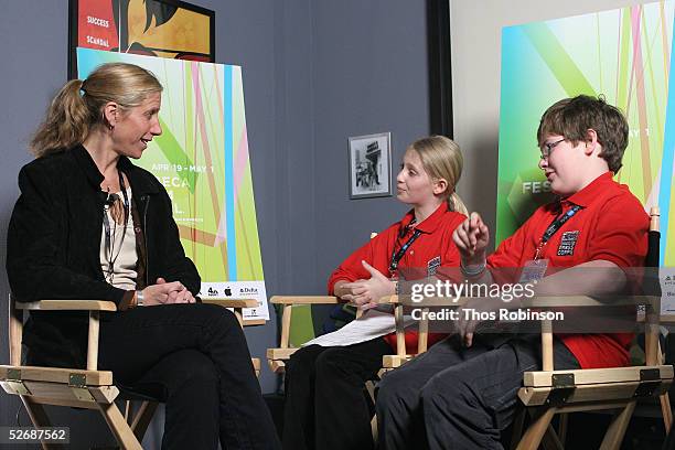 Amy Sewell, director of "Mad Hot Ballroom", talks with Juliette Kessler and Jamie Sanders of Scholastic News at "Downtown Youth Behind The Camera" at...