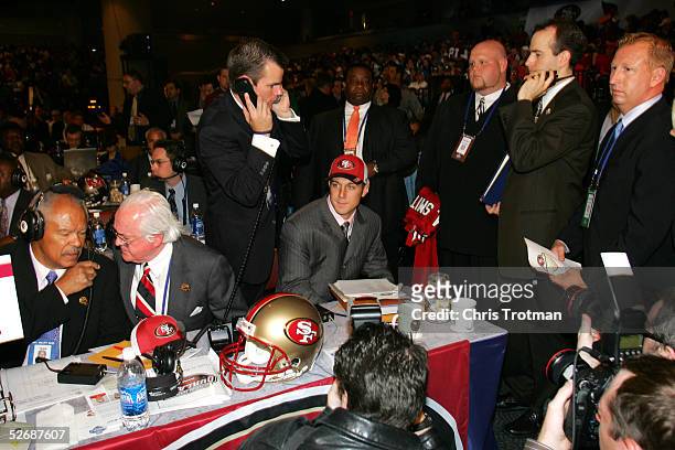 Quarterback Alex Smith sits at a table during the 70th NFL Draft on April 23, 2005 at the Jacob K. Javits Convention Center in New York City. Smith...
