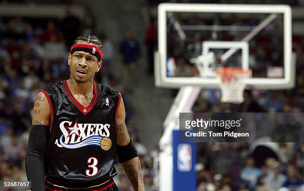 Allen Iverson of the Philadelphia 76ers looks towards his bench during a break in play against the Detroit Pistons in Game one of the Eastern...