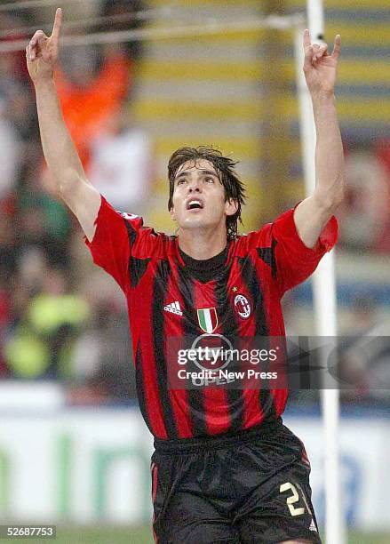 Kaka of AC Milan celebrates his goal during the Serie A match between AC Milan and Parma at the Giusseppe Meaza San Siro stadium on April 23, 2005 in...