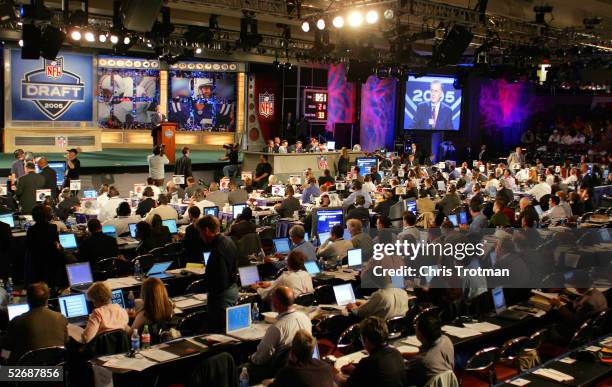 Commissioner Paul Tagliabue speaks at the podium during the 70th NFL Draft on April 23, 2005 at the Jacob K. Javits Convention Center in New York...