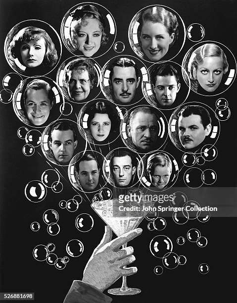 Metro-Goldwyn-Mayer stars: Top row, Greta Garbo, Marion Davies, Norma Shearer, Joan Crawford, second row, Robert Montgomery, Marie Dressler, John...