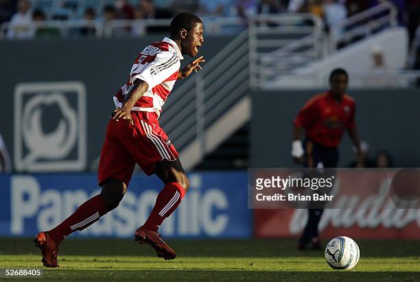 Eddie Johnson of FC Dallas dribbles the ball against Real Salt Lake in the first half on April 23, 2005 in Dallas, Texas. FC Dallas won 3-0.